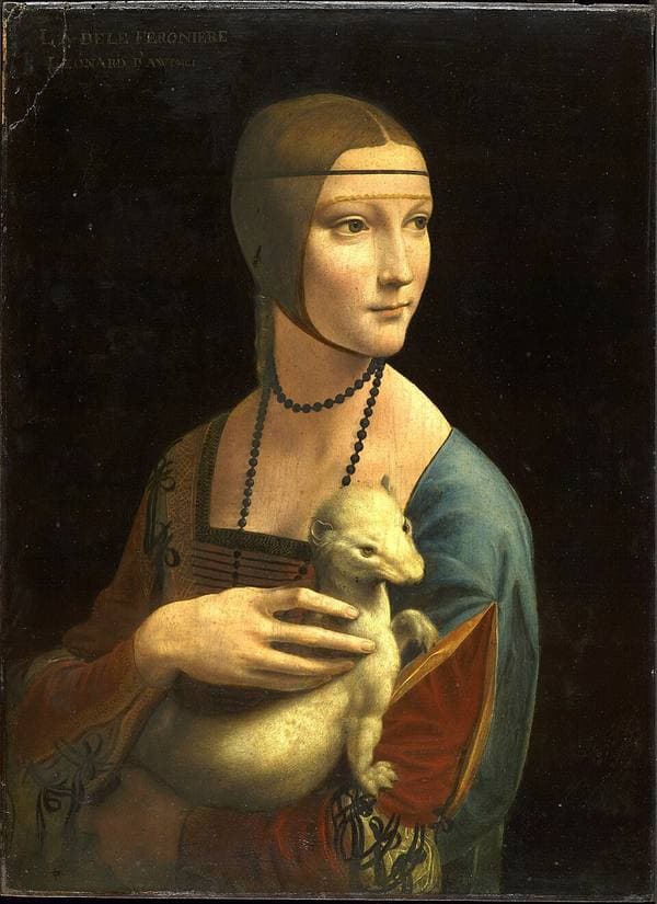 A young woman holds an ermine in her arms.