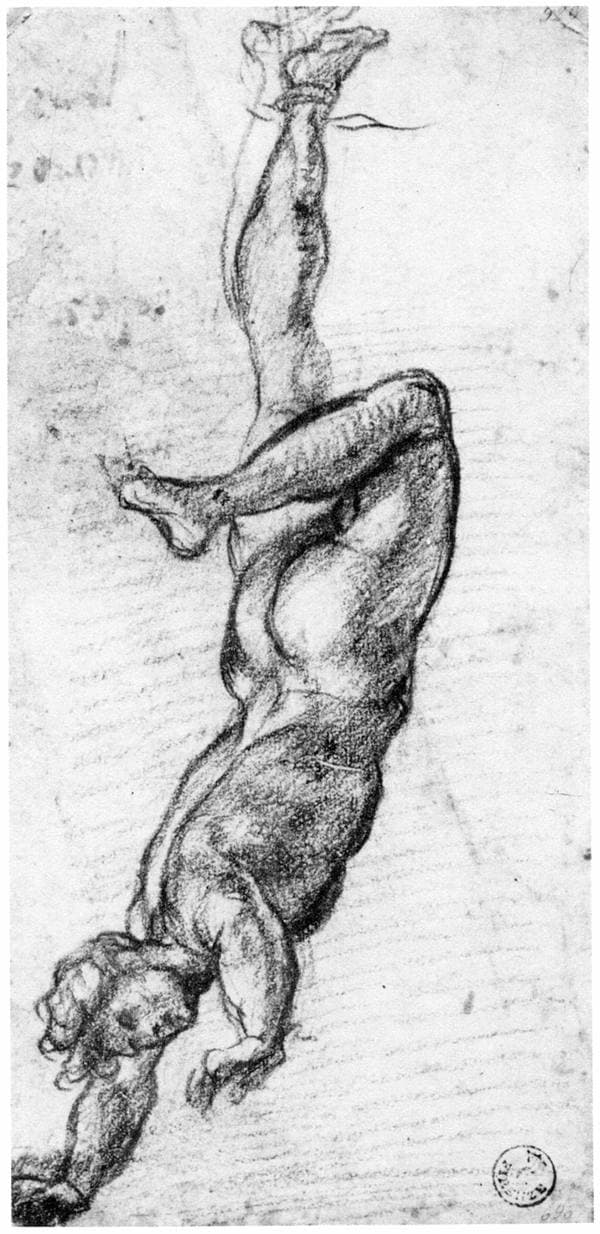 Drawing, in red chalk on white paper, of a man hanged by one foot. This was a pr