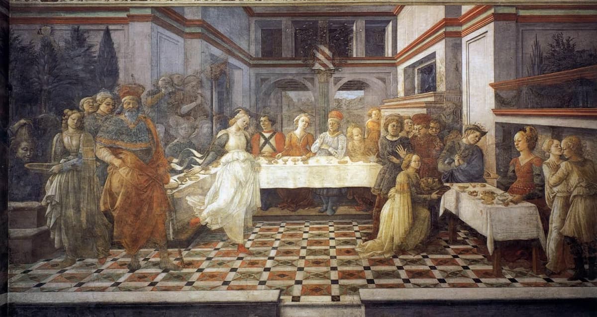 Fra Filippo Lippi, O Banquete de Herodes (1452–1465), afresco na Catedral de Prato, representando Salomé dançando e a decapitação de São João Batista