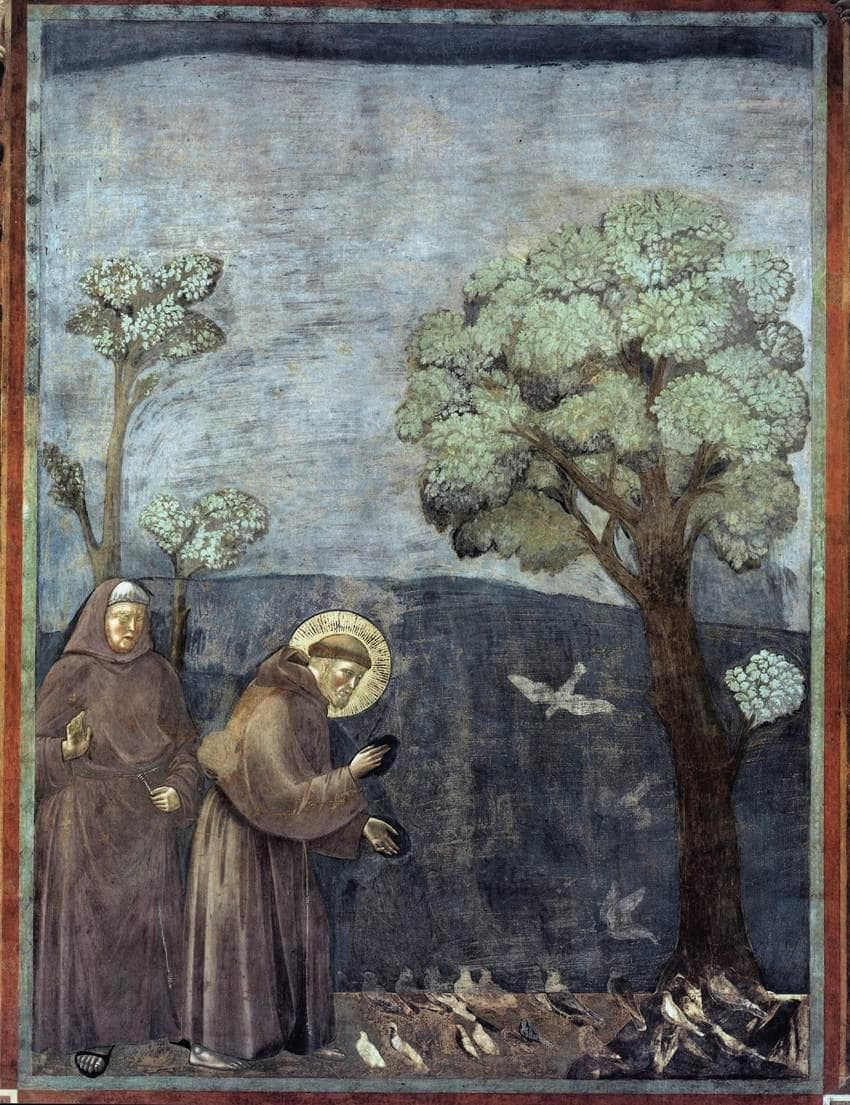 Giotto di Bondone, São Francisco pregando aos pássaros, afresco da Basílica de São Francisco em Assis, c. 1295-1300