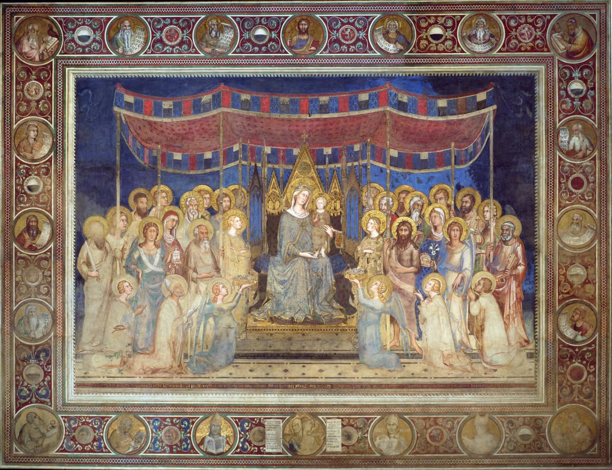 Simone Martini, Maestà (1315), afresco no Palazzo Pubblico de Siena com a Virgem entronizada rodeada de santos e anjos