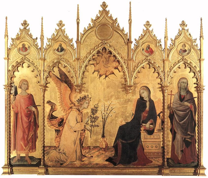 Simone Martini e Lippo Memmi, A Anunciação com Santa Margarida e São Ansano (1333), têmpera sobre painel, Galleria degli Uffizi, Florença