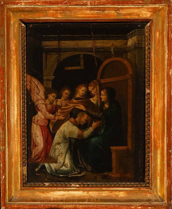 Analysis:
The scene portrays the Virgin’s apparition to Saint Ildephonsus, Archb