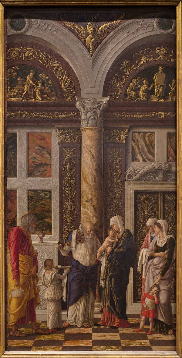 Andrea Mantegna, Circumcision of Jesus, right wing of the Uffizi Triptych, c. 14